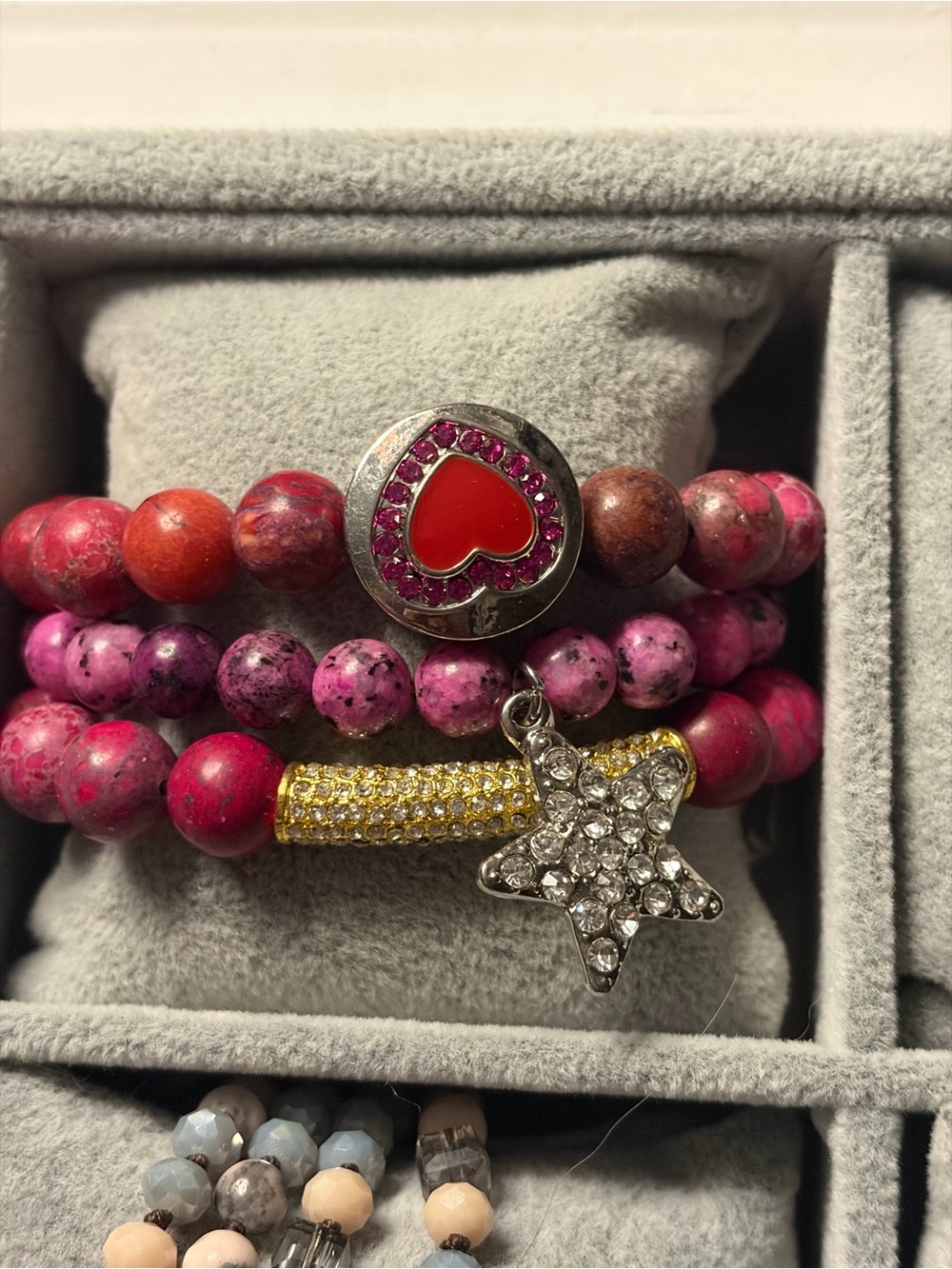 Pink Beaded Heart & Star Charm Bracelet Stack